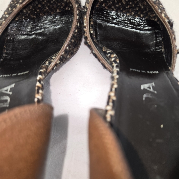 Vintage PRADA Women's 38 Brown Tweed Leather Peep Toe D’Orsay Heels Pumps *Flaw* - Picture 9 of 10